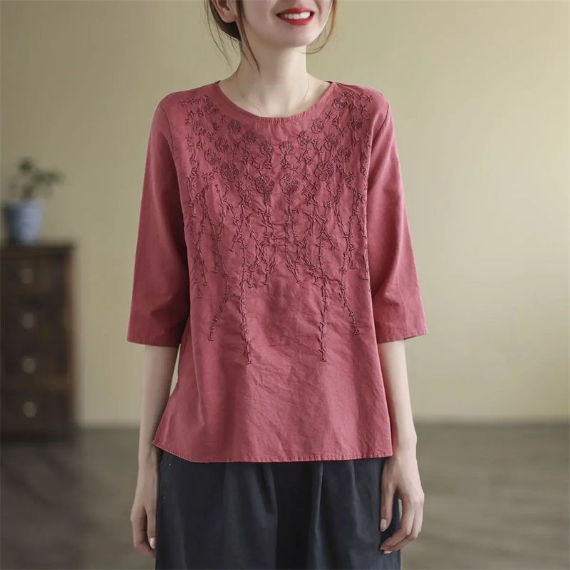 Artistic Retro Cotton And Linen Solid Color Half Sleeve