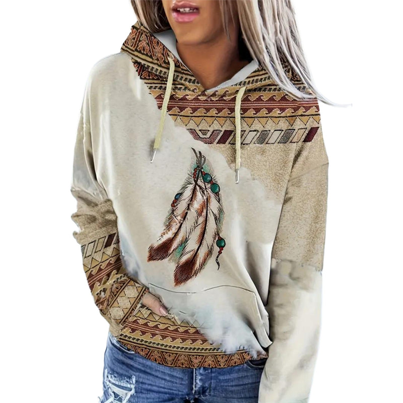 Women's Hooded Multicolor Printing Sports Pocket Drawstring 3D Retro Sweater