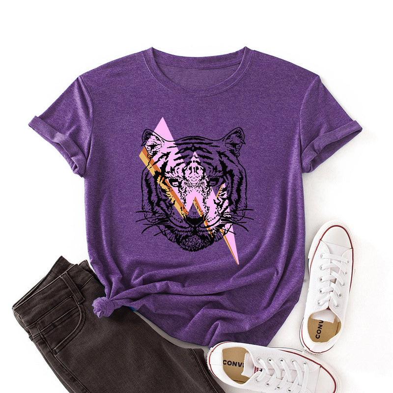 Women's Lightning Tiger Loose Round Neck Color Cotton Short Sleeve T-Shirt