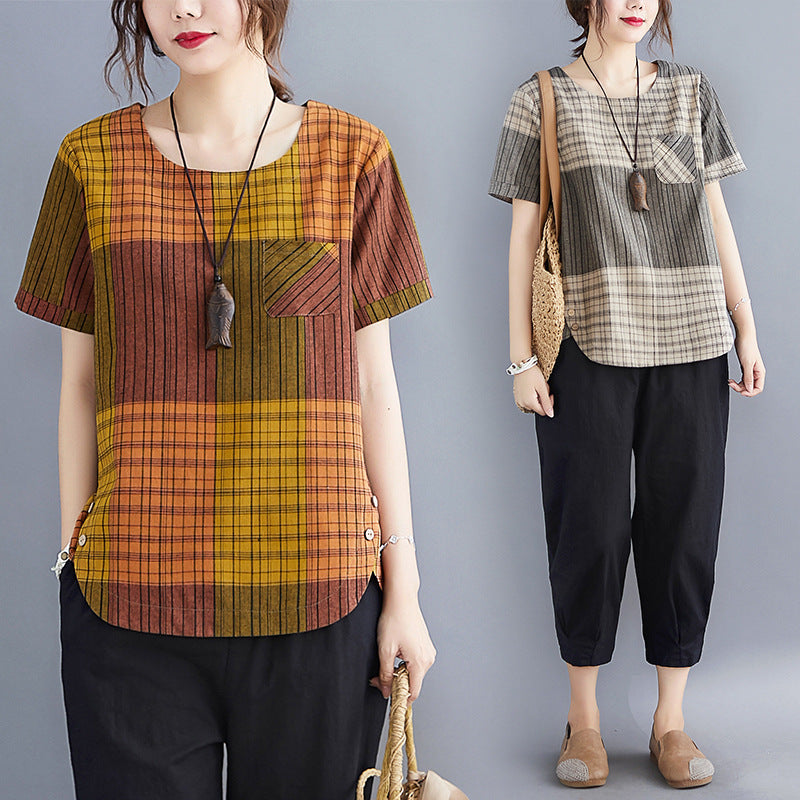 Artistic Plaid Cotton And Linen T-shirt Wear Pullover Round Neck Short Sleeve Top