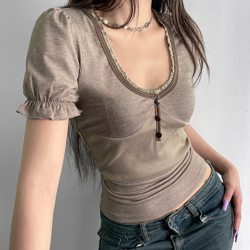 American Hot Girl Contrast Color Binding V-neck Slim Fit Puff Sleeve T-shirt