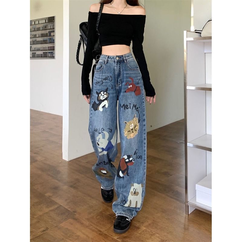 Female American retro high street graffiti jeans