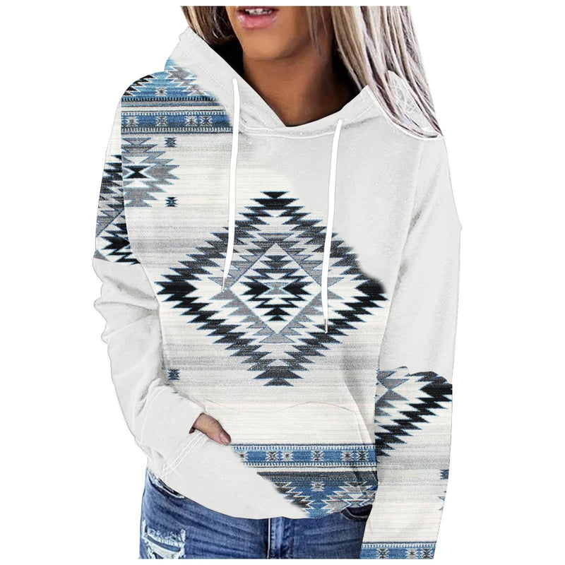 Women's Hooded Multicolor Printing Sports Pocket Drawstring 3D Retro Sweater