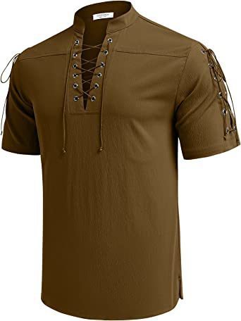 Beach Short Sleeve Lace-up Hippie T-shirt V-neck Pirate Shirt