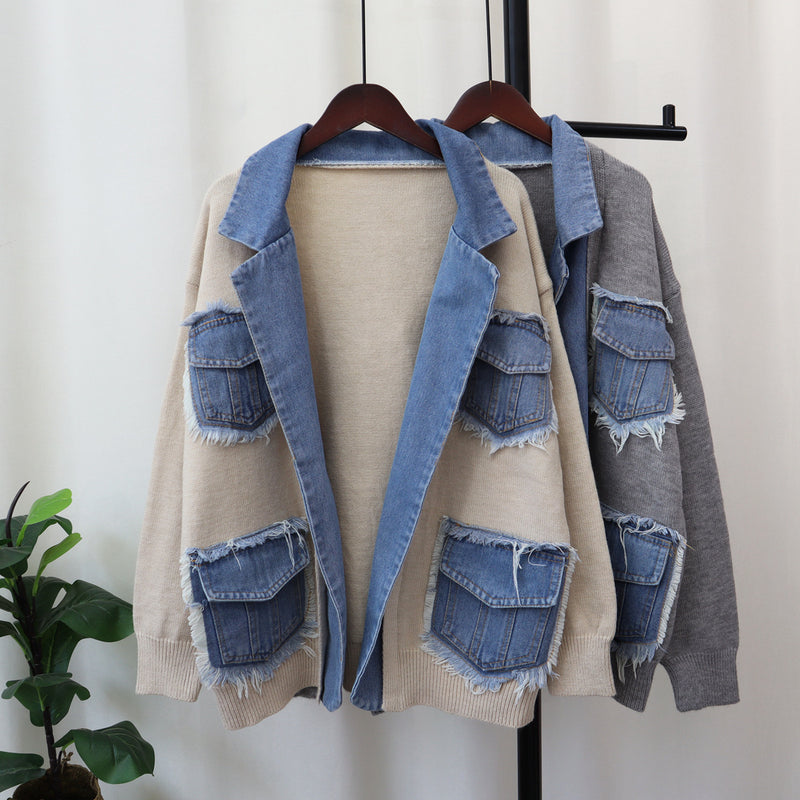 Denim Stitching Sweater Coat For Women