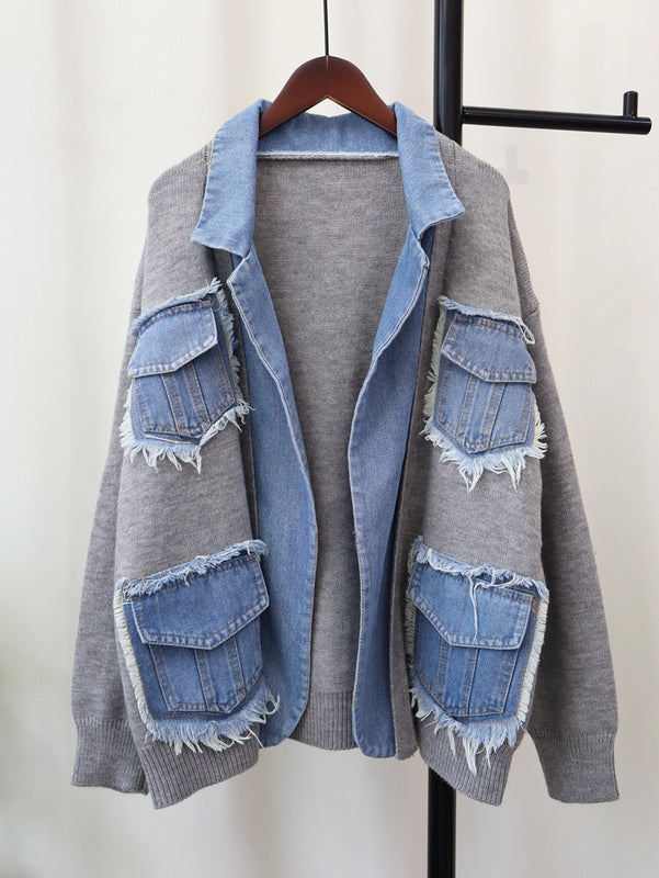 Denim Stitching Sweater Coat For Women