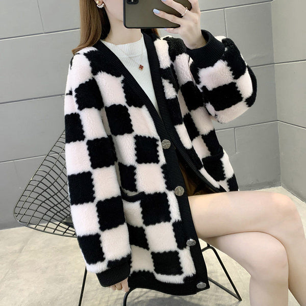 Women's Checkerboard Mid-length Sheep Shearling Coat Cardigan