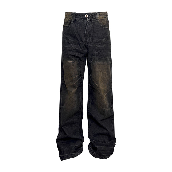 Washed Straight Dirty Mud Textured Deconstructed Jeans