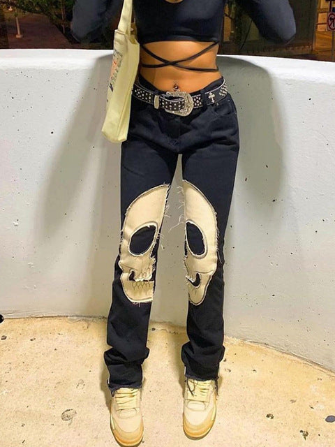 Vintage Skull Printed Jeans Women's High Waist